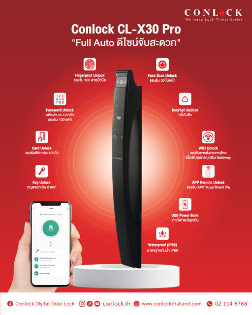 🔐Conlock CL-X30 Pro Full Auto ดีไซน์จับสะดวก ใช้งานง่าย ครบทุกฟังก์ชันในเครื่องเดียว ✨ ✅ Face Scan รองรับ 50 ใบหน้า ✅ สแกนนิ้ว รองรับ 100 ลายนิ้วมือ ✅ ปลดล็อคผ่านแอป Tuya / Smart Life ✅ รองรับ WiFi Unlock เพิ่ม Gateway ใช้งานระยะไกล ✅ กริ่งในตัว Built-in ✅ กันน้ำมาตรฐาน IP66 ✅ ชาร์จไฟฉุกเฉินผ่าน USB Power Bank บ้านปลอดภัยขึ้น ใช้งานสะดวกขึ้น 🏡 #DigitalDoorLock #SmartDoorLock #กลอนประตูดิจิตอล #ประตูดิจิตอล #SmartHome #กลอนประตูอัจฉริยะ #DoorLock #FaceScan #FingerprintLock #TuyaSmart #SmartLife #กันน้ำIP66 สอบถามข้อมูลเพิ่มเติมได้ที่ 💙 FB : Inbox https://m.me/conlock.th/?ref=bookmarks 💚 Line Official : @Conlock หรือคลิก https://lin.ee/rw1xfxn ⭐️ Website : https://www.conlockthailand.com/ 📲 Call Center : 02-114-8768 ---------------------------------- วางจำหน่ายแล้วที่ HomePro และ SB Design Square สนใจสอบถามสาขาใกล้บ้าน ทักแชทมาได้เลยค่ะ 🤍