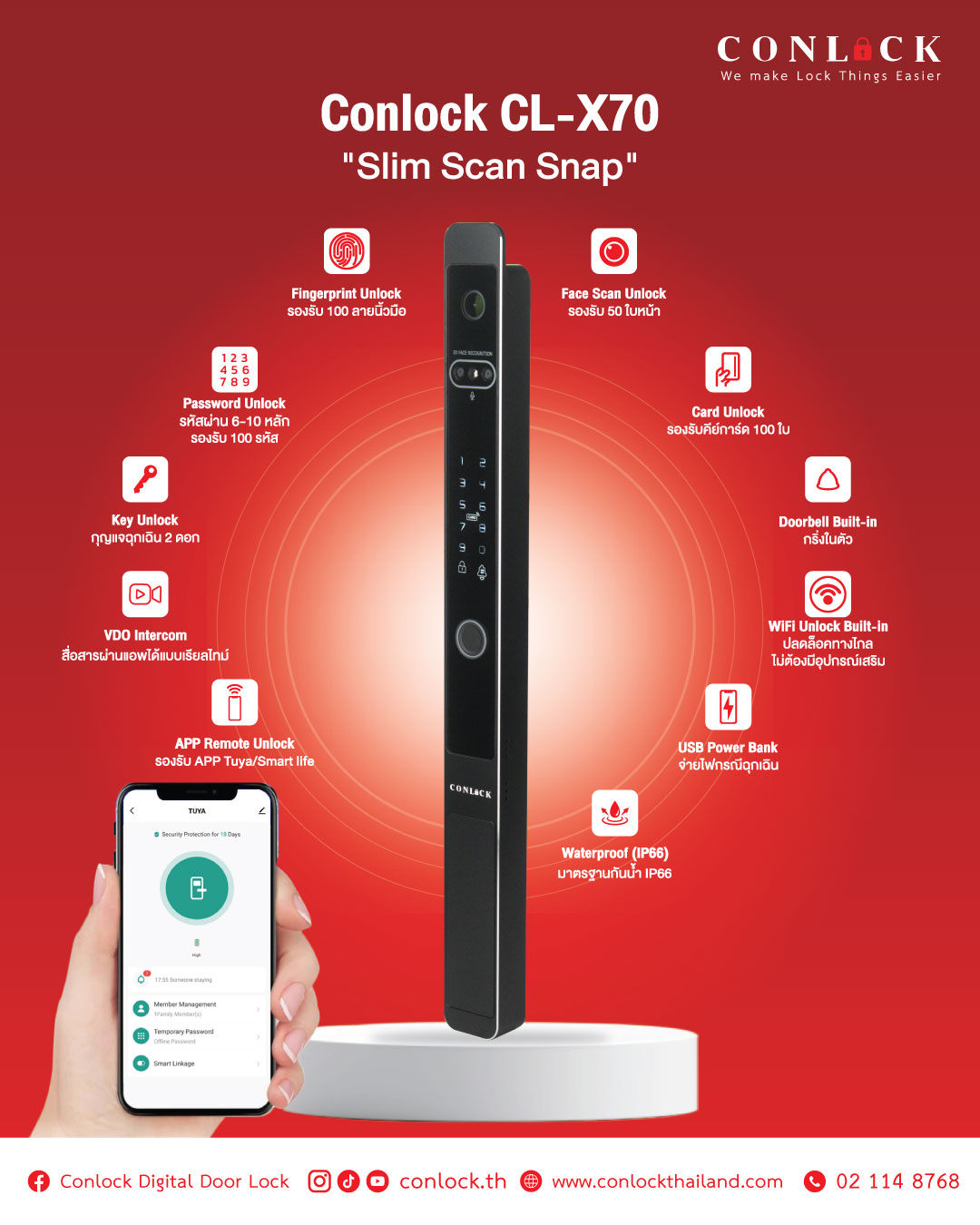 🔐 Conlock CL-X70 "Slim Scan Snap" ดีไซน์เรียวบาง ทันสมัย พร้อมฟังก์ชันครบครันในเครื่องเดียว รองรับการปลดล็อกด้วย Face Scan, Fingerprint, Password, Key Card และผ่านแอปพลิเคชันจากทุกที่ ✨ จุดเด่นที่ตอบโจทย์ทุกไลฟ์สไตล์ ✅ Face Scan รองรับ 50 ใบหน้า ✅ Fingerprint รองรับ 100 ลายนิ้วมือ ✅ WiFi Built-in ไม่ต้องติดตั้งอุปกรณ์เสริม ✅ VDO Intercom พูดคุยผ่านมือถือได้แบบเรียลไทม์ ✅ กันน้ำมาตรฐาน IP66 เหมาะสำหรับติดตั้งภายนอก ✅ ควบคุมผ่านแอป Tuya / Smart Life 💰 ราคา 14,900 บาท Conlock CL-X70 ตัวเลือกที่คุ้มค่าสำหรับบ้านยุคใหม่ #CLX70 #SlimScanSnap #DigitalDoorLock #SmartDoorLock #FaceScanLock #FingerprintLock #WifiDoorLock #SmartHome #TuyaSmart #SmartLife #DoorLock